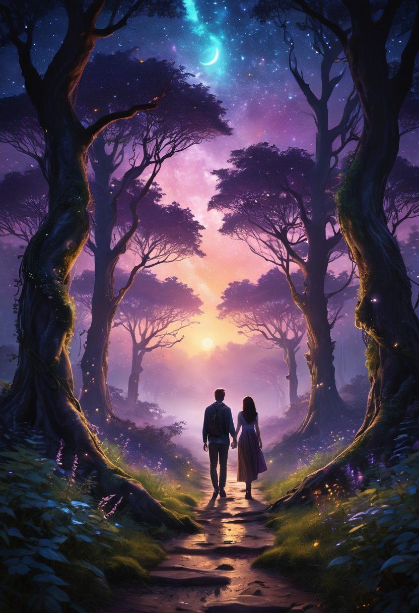 A mystical journey through a forest path under a starlit sky, where a pair of lovers, dressed in rebellious attire, walk hand in hand. Ethereal symbols of love and freedom float around them, with glowing orbs and fireflies illuminating their way. The trees are adorned with mystical runes and vines, creating an enchanting atmosphere. The overall color palette is vibrant with deep blues, purples, and hints of gold. fantasy art, vibrant colors, ethereal glow, cinematic.