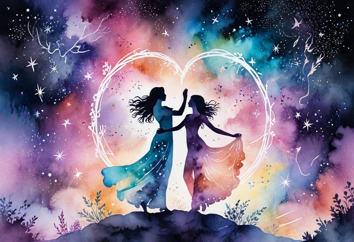 An enchanting scene depicting a celestial night sky filled with twinkling stars and swirling nebulas, with a silhouette of two figures intertwined in a dance, surrounded by glowing symbols representing love and spirituality. Ethereal wisps of light connect their hearts, while soft, pastel colors create a dreamlike aura around them. The backdrop features ancient runes and floral patterns to evoke the esoteric art of love. watercolor painting. mystical. vibrant colors.