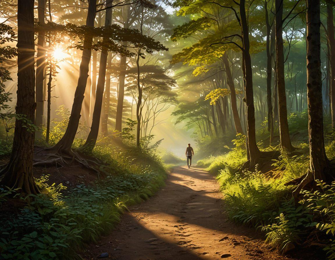 A serene landscape depicting a winding path through a vibrant forest, symbolizing freedom and exploration. Along the path, silhouettes of diverse individuals walking confidently, some barefoot, representing nonconformity and self-discovery. Soft beams of sunlight illuminate the scene, enhancing a sense of emotional awakening. The sky is a blend of warm sunset colors, adding depth and tranquility to the image. digital painting. vibrant colors. ethereal atmosphere.